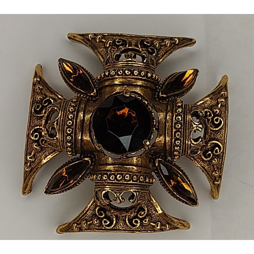 Vintage Florenza Maltese Cross Brooch with Large Topaz Colored Central Stone